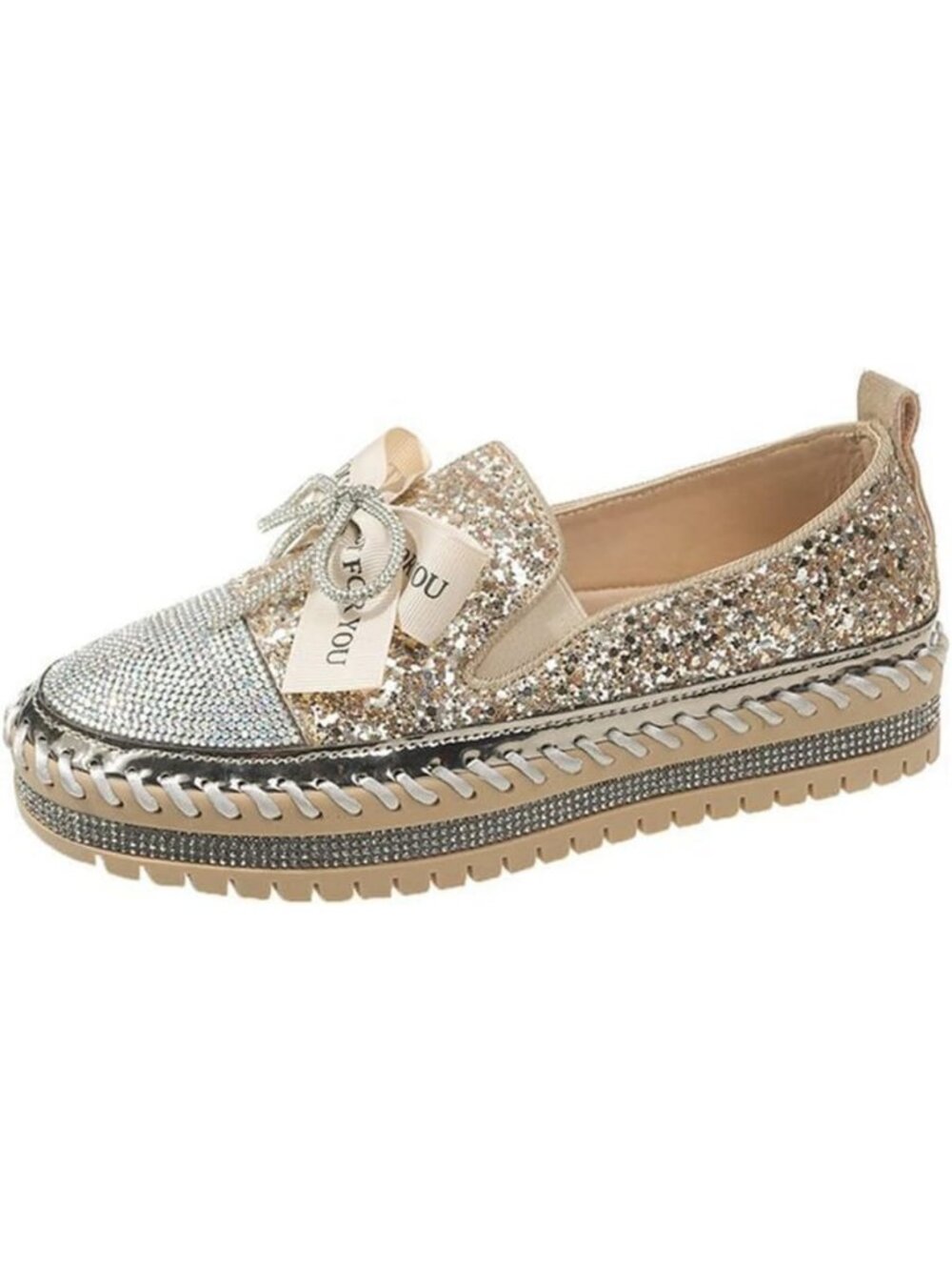 Women's Gold Fashion Rhinestone Slip On Comfort Bowknot Glitter Bling Shoes